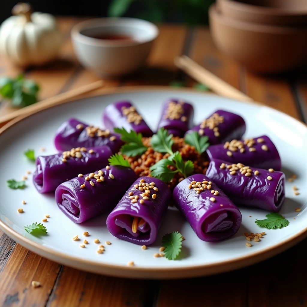Plato de rollitos de repollo morado rellenos de picadillo de jackfruit, con semillas de sésamo tostado y cilantro fresco espolvoreados, servidos sobre hojas de lechuga. Receta asiática vegana y sin gluten.
