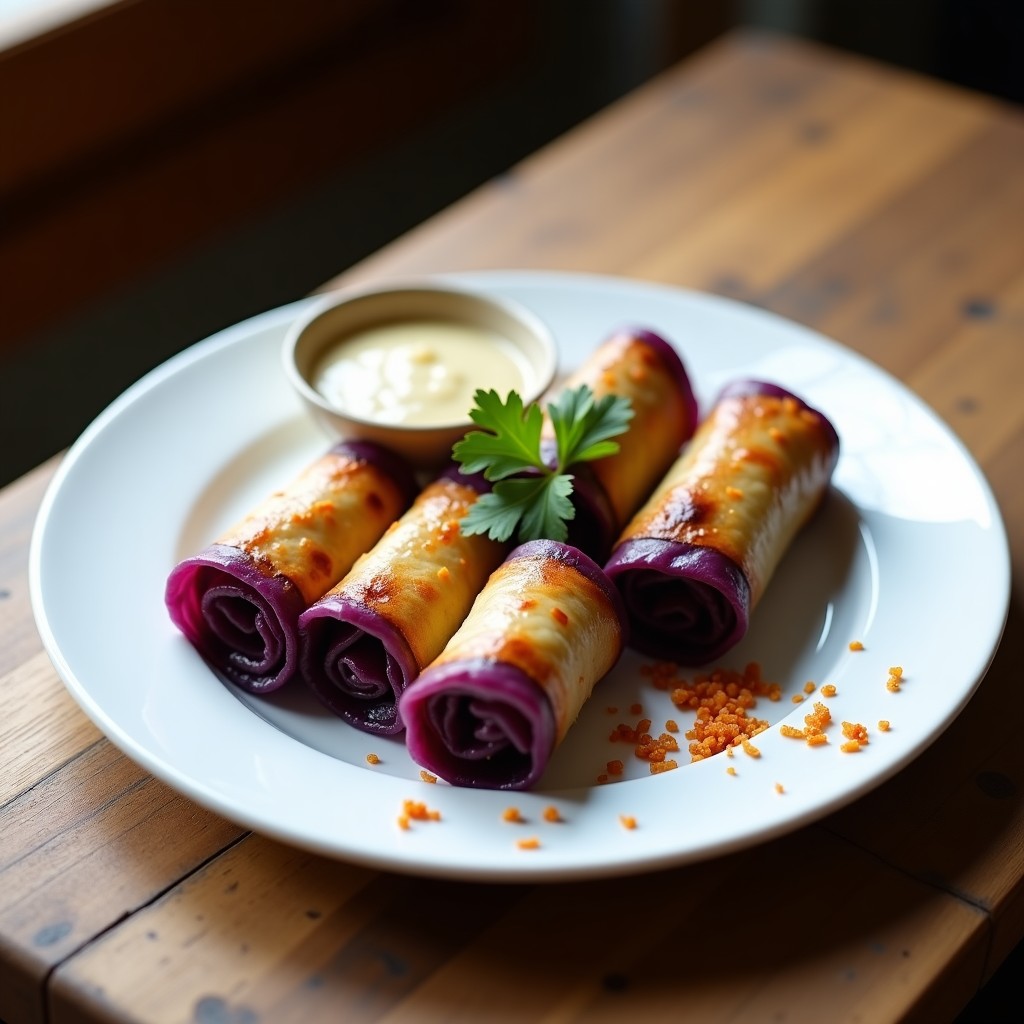 Plato blanco con rollitos de repollo morado dorados y crujientes, rellenos de picadillo de soja texturizada, servidos con salsa cremosa y decorados con cilantro fresco, receta colombiana vegana en airfryer.
