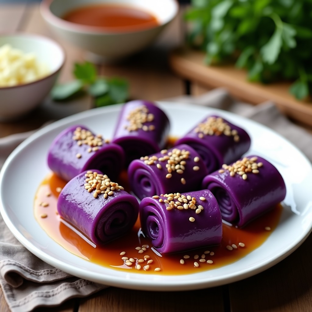 Rollitos de repollo morado rellenos de pollo al sésamo servidos en plato hondo blanco, bañados en salsa espesa y decorados con semillas de sésamo tostadas, receta en olla lenta alta en proteína.