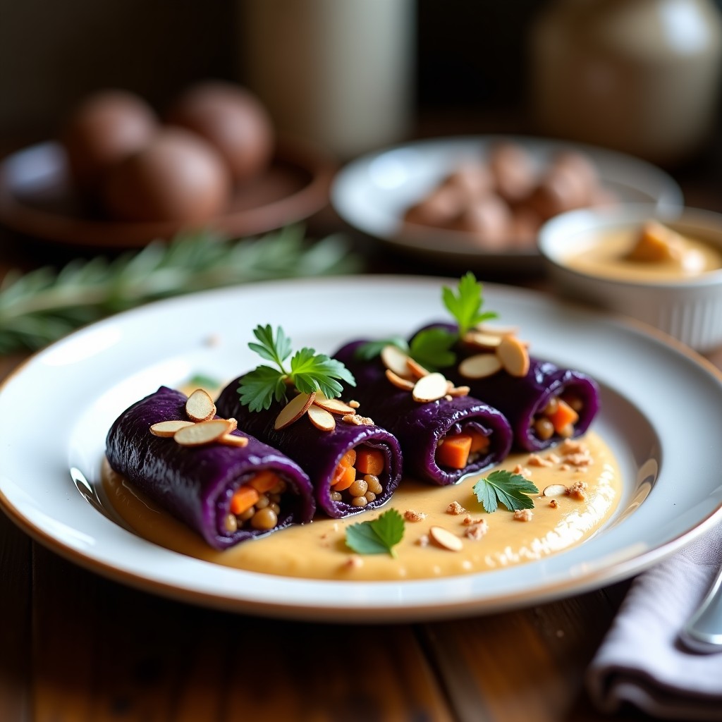 Plato blanco con cuatro rollitos de repollo morado rellenos de puré de castañas cremoso y arroz con champiñones, decorados con semillas de granada y perejil. Receta vegana de invierno en 30 minutos.