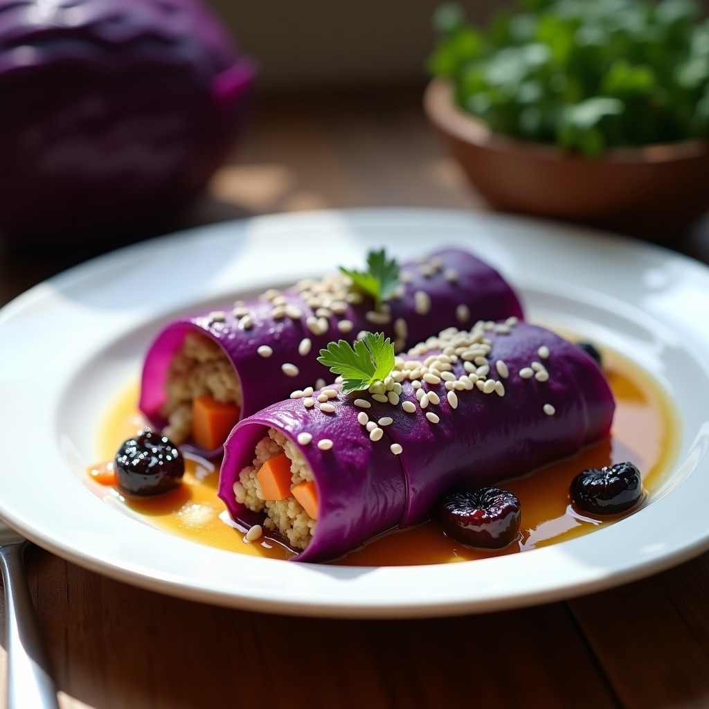 Rollitos de Repollo Morado con Relleno de Quinoa y Ciruelas: Receta Vegana al Vapor