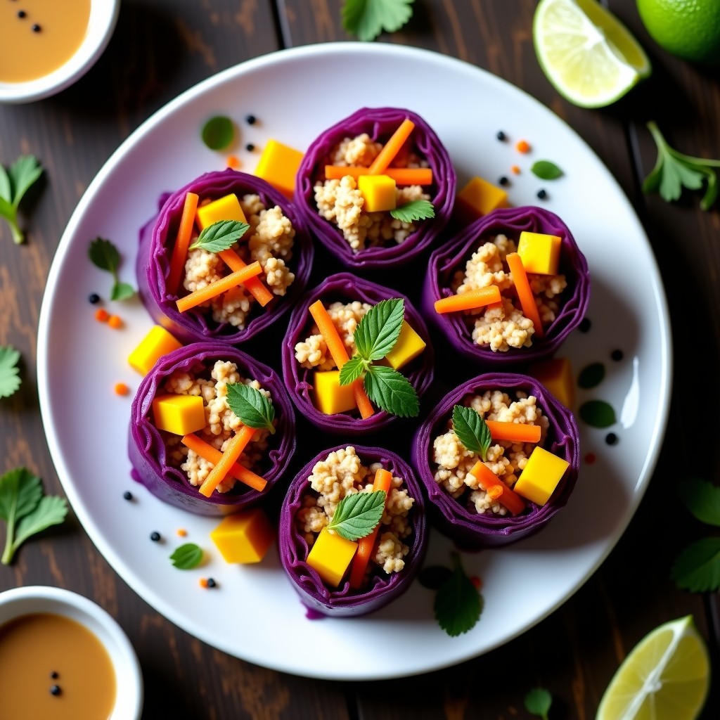 Plato blanco con rollitos de repollo morado rellenos de tempeh y mango, decorados con semillas de sésamo negro y salsa de cacahuete, sobre fondo de madera rústica. Receta indonesia crudivegana.