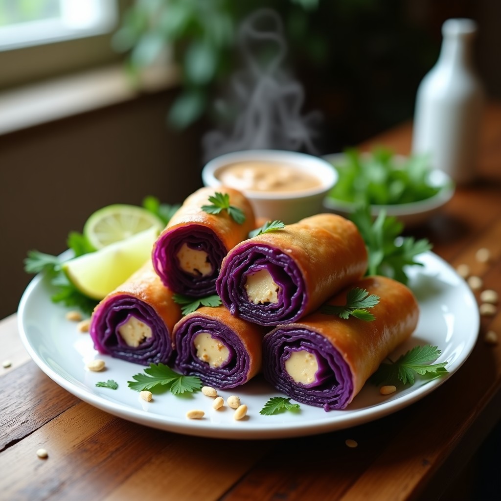 Rollitos dorados de repollo morado rellenos de tofu sedoso y cacahuete, servidos en un plato blanco con salsa de cacahuete y decorados con cilantro fresco. Receta tailandesa en airfryer, crujiente y alta en proteína.