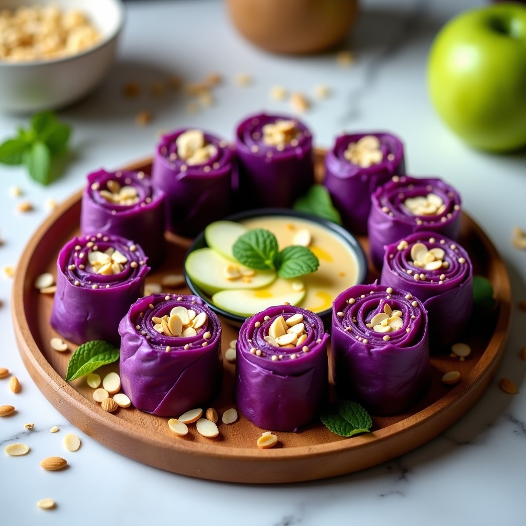 Bandeja de madera con rollitos de repollo morado rellenos de tofu y manzana verde, decorados con láminas de manzana y semillas de sésamo, aperitivo vegano sin cocción.