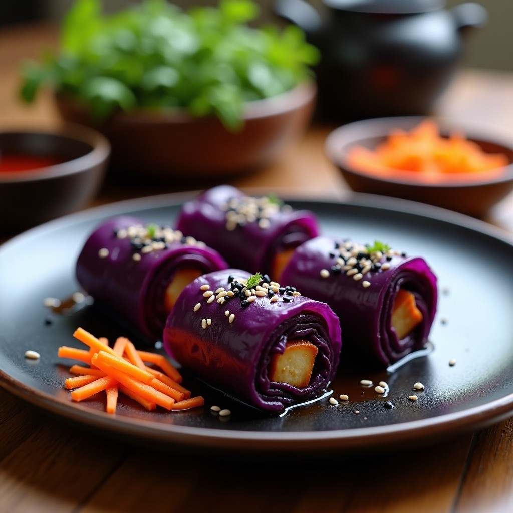 Rollitos de repollo morado rellenos de tofu ahumado, cocinados en olla lenta y bañados en salsa teriyaki brillante, decorados con semillas de sésamo negro y blanco sobre un plato de cerámica oscura.