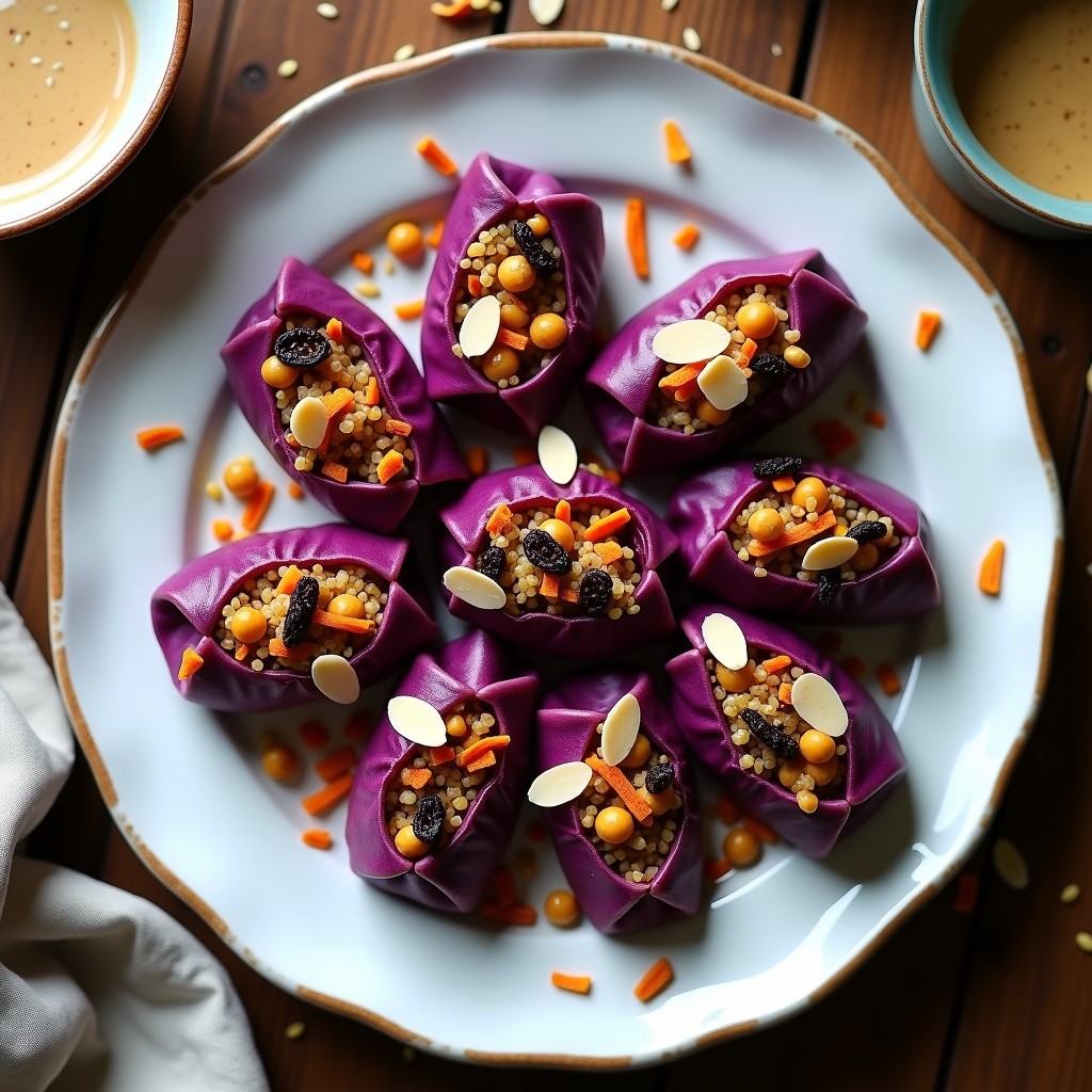 Rollitos de repollo moro rellenos de quinoa, garbanzos y pasas, dorados en airfryer, servidos en un plato blanco con salsa de tahini cremosa y almendras fileteadas, receta vegana y alta en proteína.