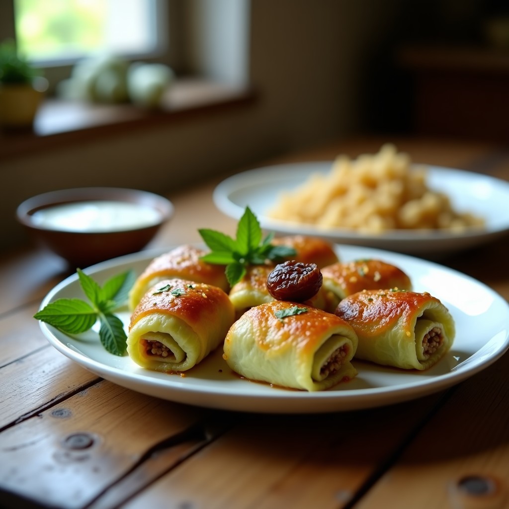 Rollitos de repollo rellenos de quinoa y dátiles dorados en airfryer, servidos en plato blanco con hierbabuena fresca y salsa de yogur, receta árabe crujiente y saludable.