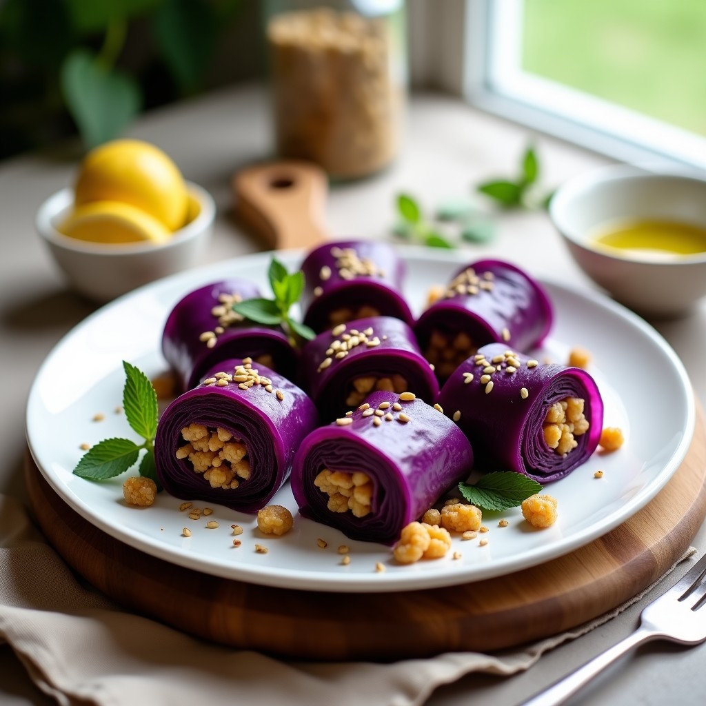 Plato blanco con rollitos de repollo morado rellenos de quinoa y pasas, dispuestos en círculo y decorados con perejil fresco y semillas de granada, receta libanesa sin cocción.