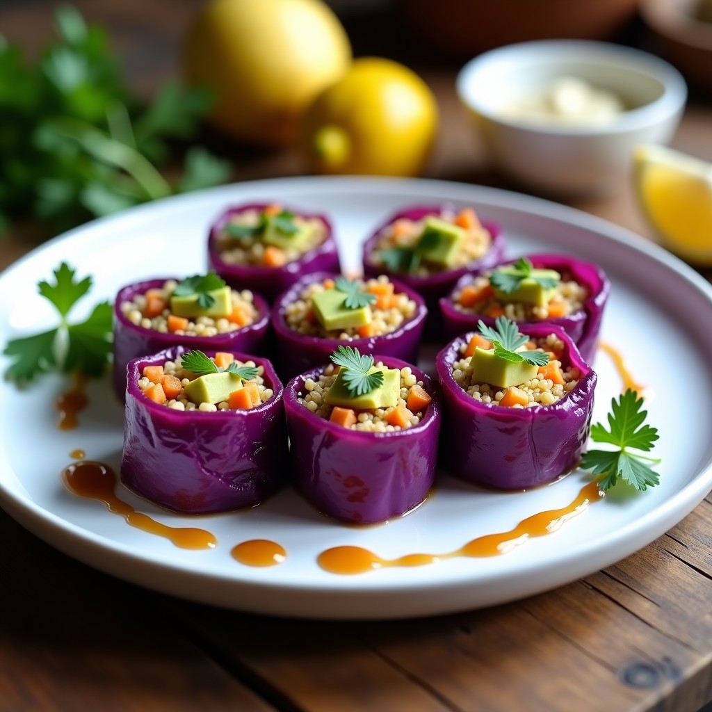 Plato blanco con rollitos de repollo morado rellenos de quinoa germinada y zanahoria, decorados con semillas de sésamo y salsa de tahini, receta crudivegana fresca y colorida.