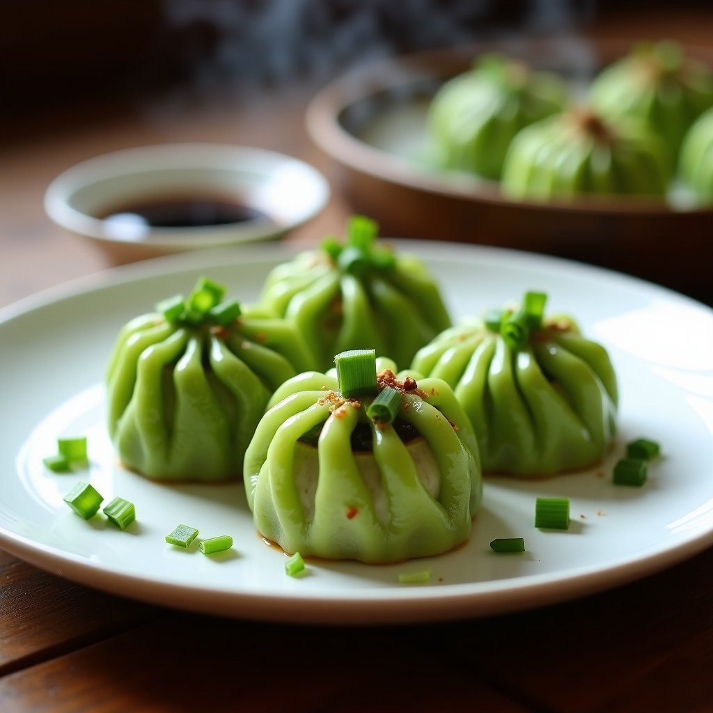 Plato blanco con rollitos de repollo verde rellenos de since de soja y champiñones shitake, cocinados al vapor, decorados con cilantro fresco y un hilo de aceite de sésamo. Fondo difuminado con vapor y utensilios de cocina china.