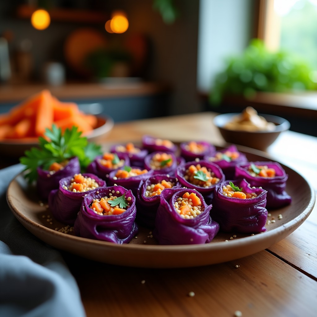 Rollitos de repollo morado dorados y crujientes rellenos de tempeh y zanahoria, servidos en un plato de madera con semillas de sésamo y cilantro fresco, receta indonésica en airfryer.