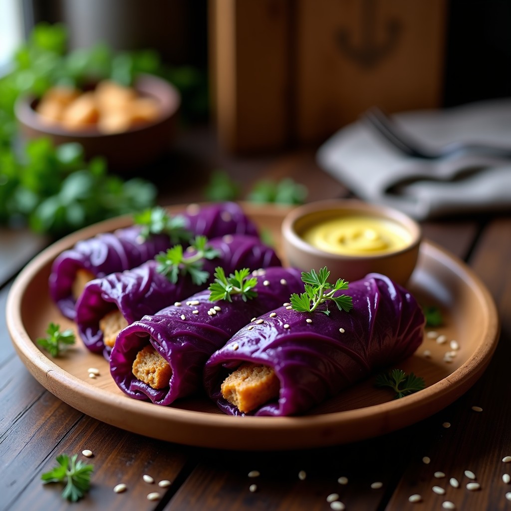 Rollitos de repollo morado rellenos de salchicha de tofu vegana, dorados y crujientes, servidos en plato blanco con salsa oscura y decorados con semillas de sésamo, receta alemana en Airfryer.