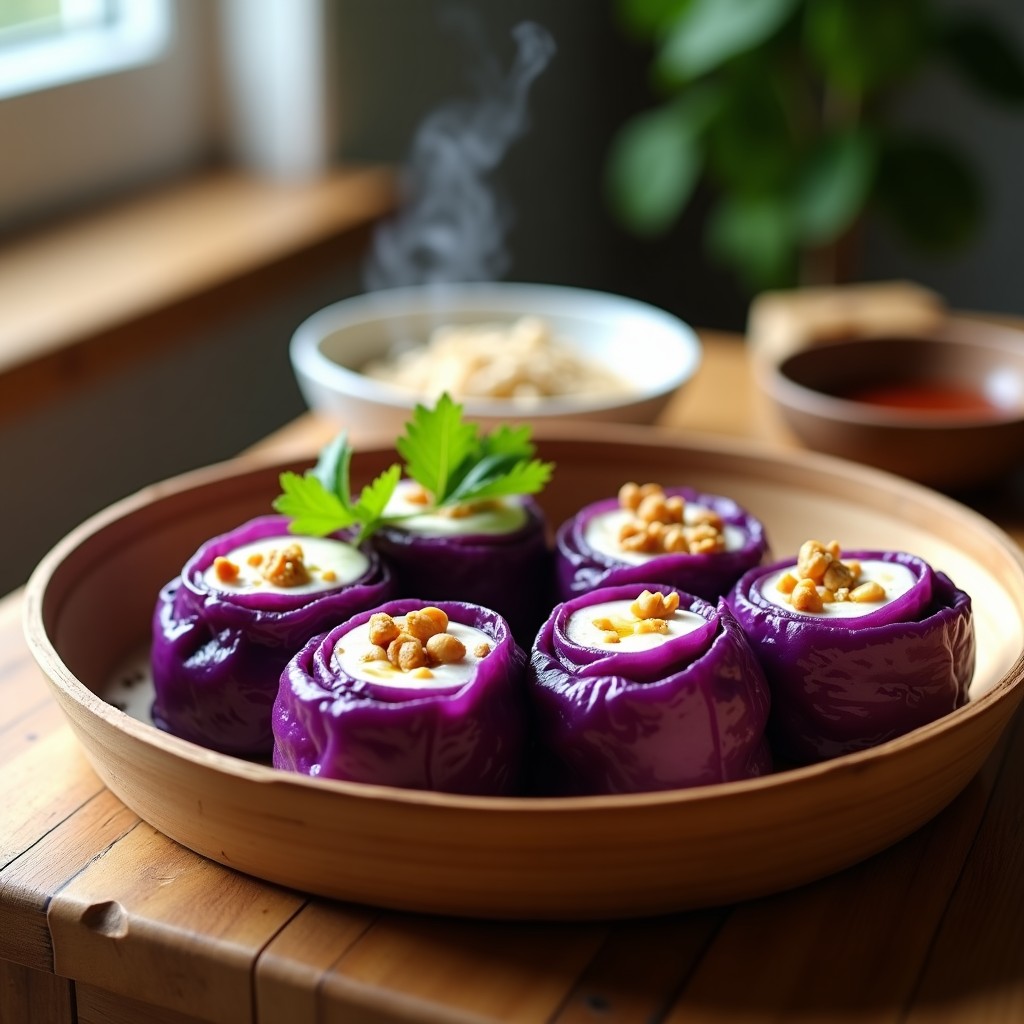 Rollitos de repollo morado al vapor rellenos de tofu sedoso y cacahuetes, dispuestos en una vaporera de bambú con cilantro fresco y salsa de soja, receta vegana alta en proteínas.