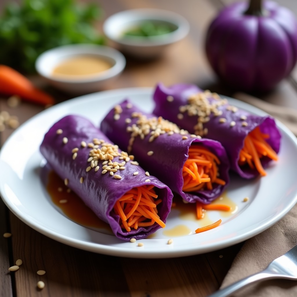 Rollitos de primavera veganos sin cocción, con hojas de repollo morado rellenas de zanahoria, jicama y pimiento rojo, servidos en un plato blanco con salsa de cacahuete y semillas de sésamo.