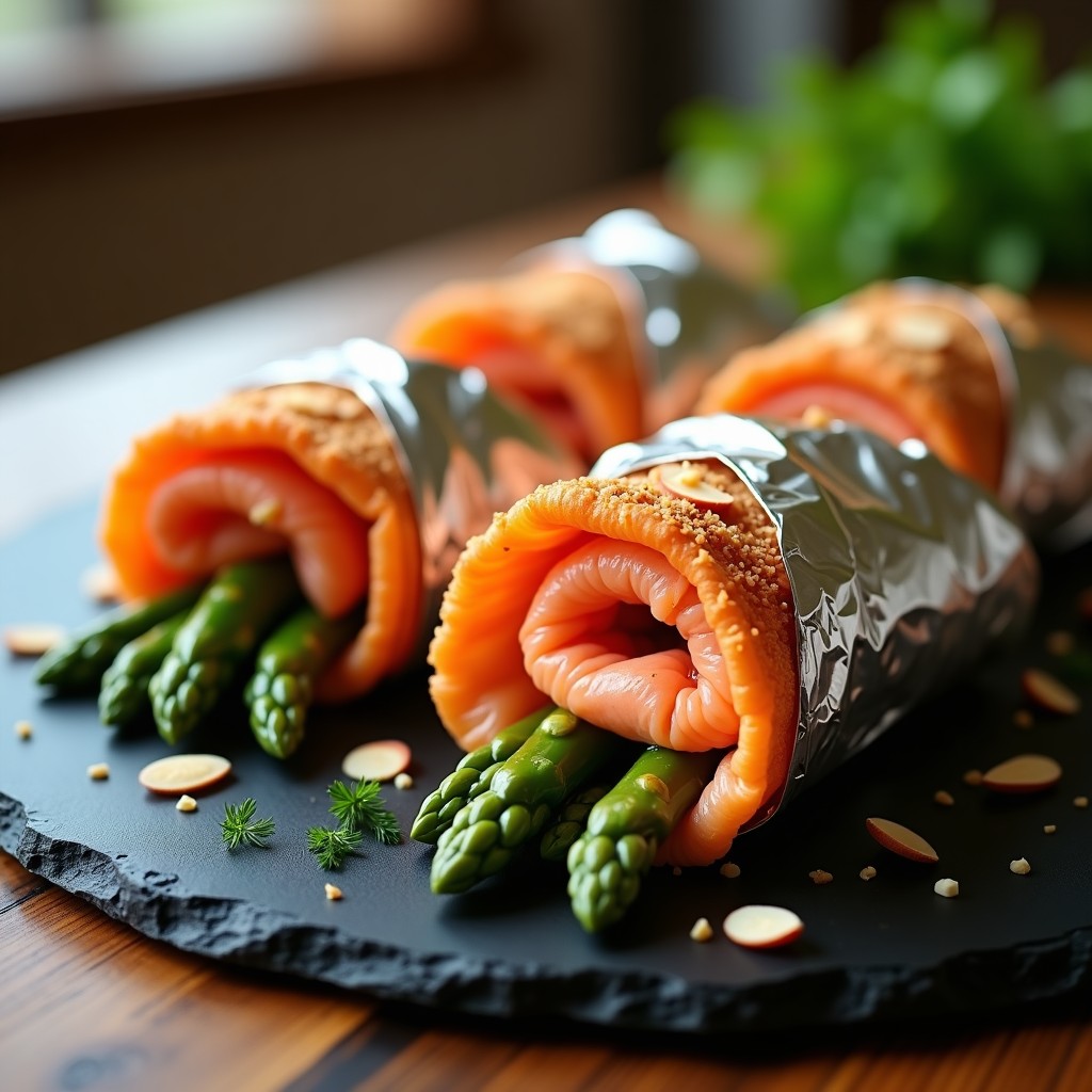 Rollitos de papel de estaño abiertos mostrando salmón jugoso, espárragos trigueros tiernos y almendras laminadas doradas, servidos en un plato blanco con toques de eneldo fresco. Receta keto en airfryer.
