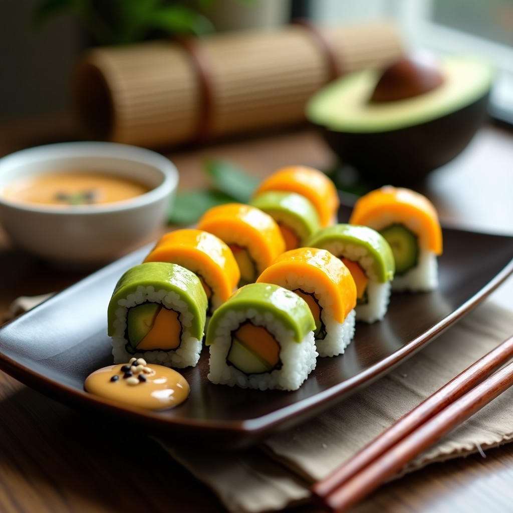 Rollitos de Sushi de Aguacate y Mango con Salsa de Cacahuete: Receta Vegana y Sin Crudo