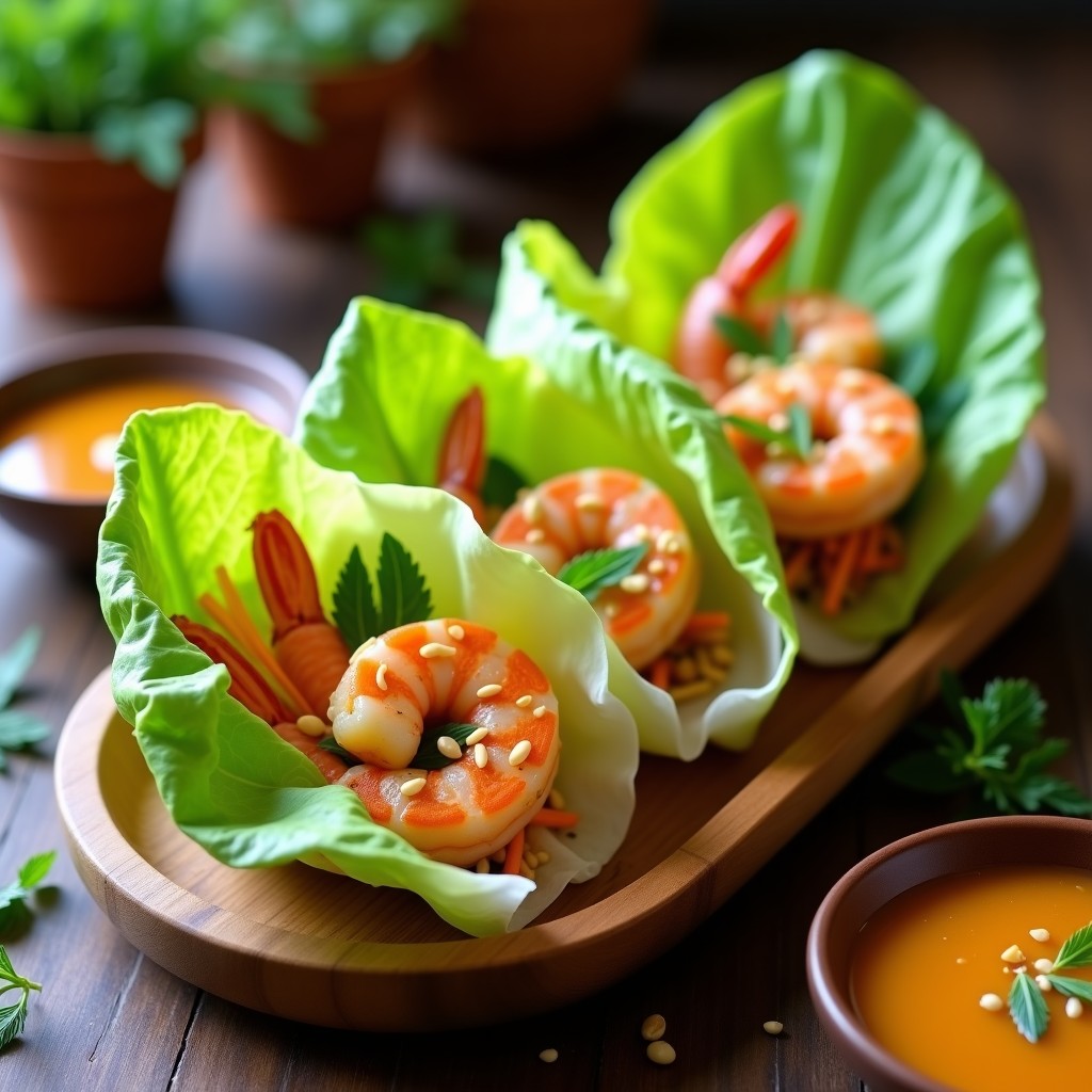 Rollitos de verano tailandeses con hojas de lechuga romana rellenas de langostinos, mango, zanahoria y eneldo, decorados con semillas de sésamo y cacahuetes picados, servidos en bandeja de madera con aderezo de lima y jengibre.