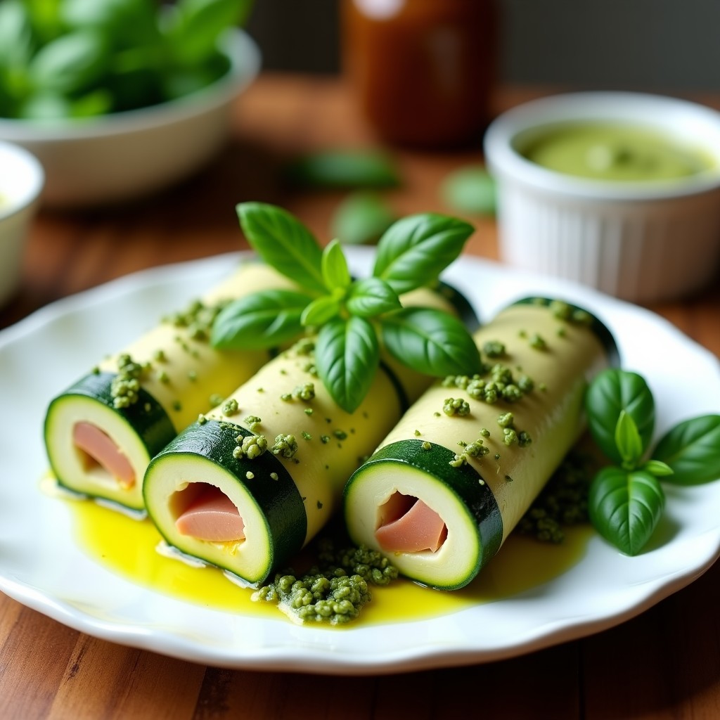 Rollitos de zucchini rellenos de atún y pesto de albahaca keto, servidos en plato blanco con salsa verde y decoración de albahaca fresca.