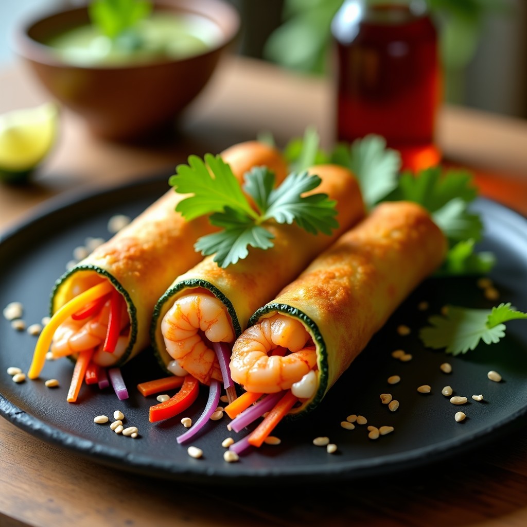Rollitos de primavera de zucchini y gambas tailandeses, crujientes y dorados, servidos en un plato blanco con hierbas frescas y cacahuetes picados, receta baja en carbohidratos en airfryer.