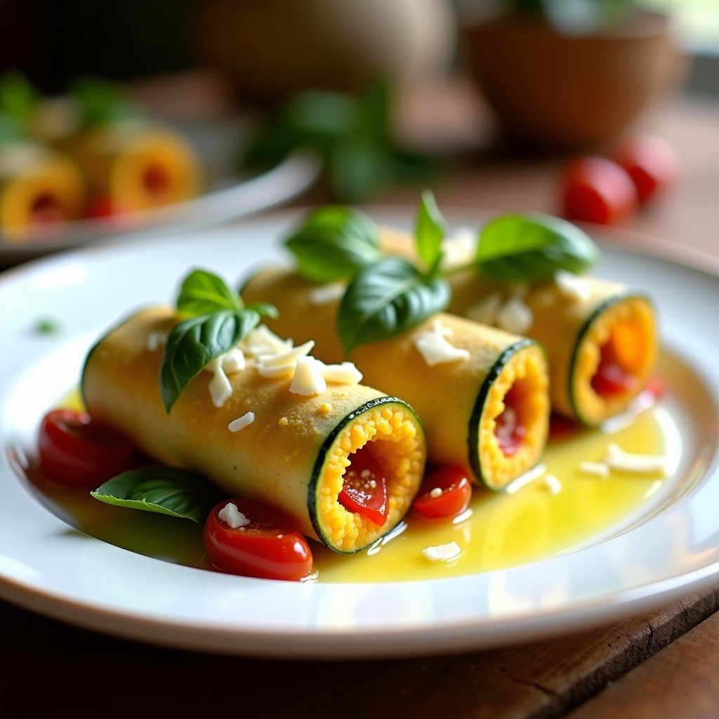 Rollitos de zucchini rellenos de polenta cremosa y tomates secos, horneados hasta dorar, servidos en plato blanco con hojas de albahaca fresca y piñones tostados. Receta italiana sin gluten.