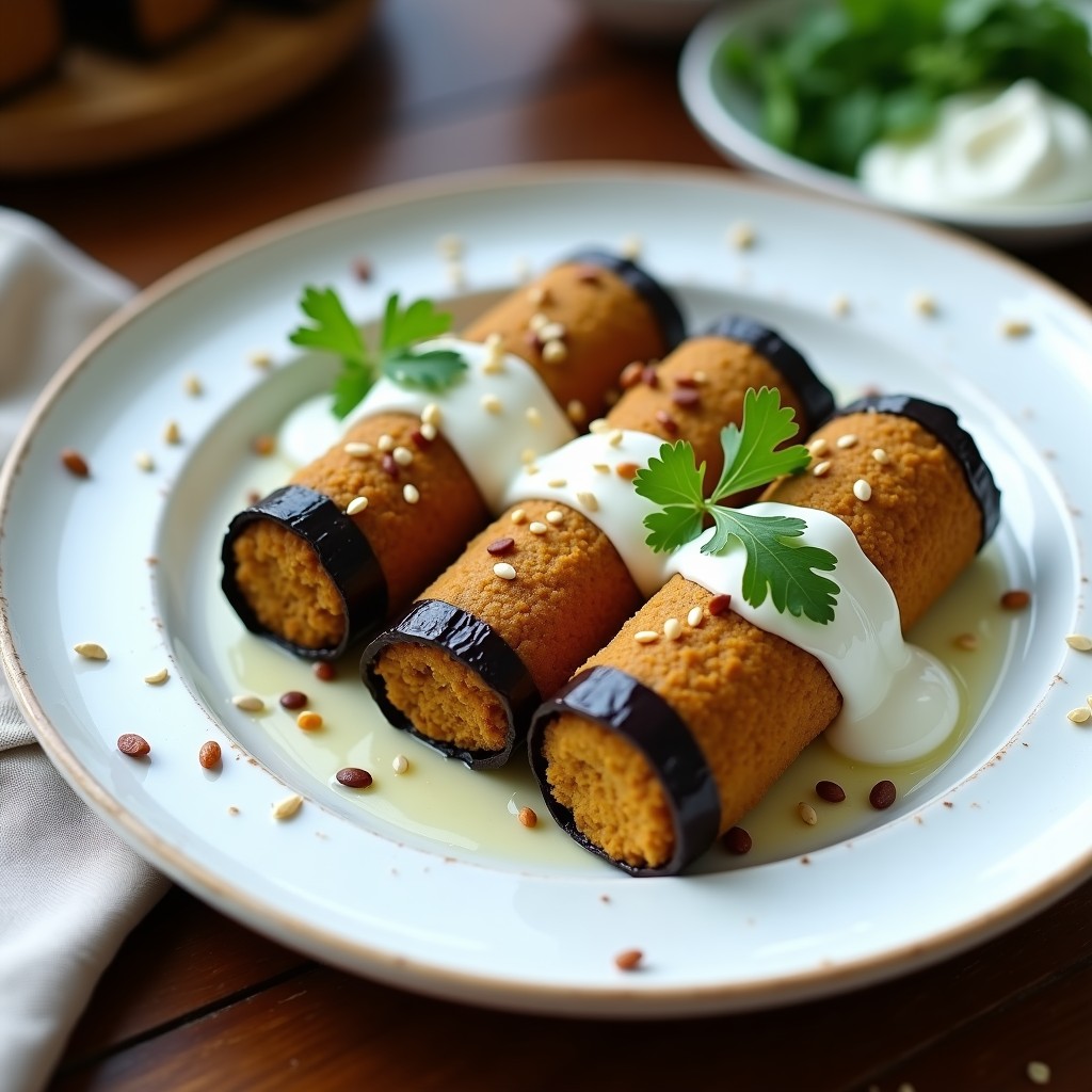 Rollos de berenjena asada rellenos de falafel dorado y bañados en salsa de yogur cremosa, decorados con semillas de sésamo y hierbas frescas en un plato blanco rústico. Receta mediterránea vegana.