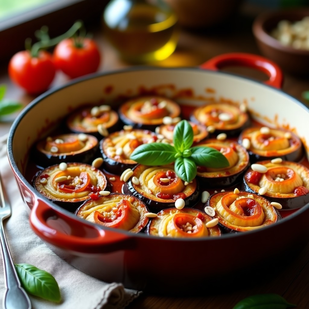 Fuente de barro con rollos de berenjena al horno rellenos de ricotta y tomates secos, gratinados con parmesano y salsa de tomate, sobre un mantel rústico. Receta italiana sin fritura.