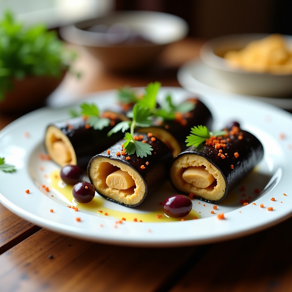 Plato blanco rectangular con rollos de berenjena rellenos de hummus cremoso y aceitunas Kalamata picadas, decorados con perejil fresco y un hilo de aceite de oliva virgen extra, sobre fondo rústico de madera.