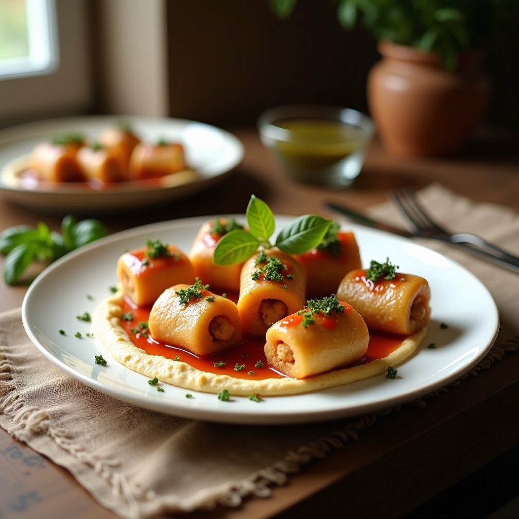 Rollos de berenjena dorados y crujientes rellenos de hummus cremoso y semillas de granada rojas, servidos en una fuente blanca con salsa de tahini espesa y hojas de menta fresca, receta vegana preparada en airfryer.
