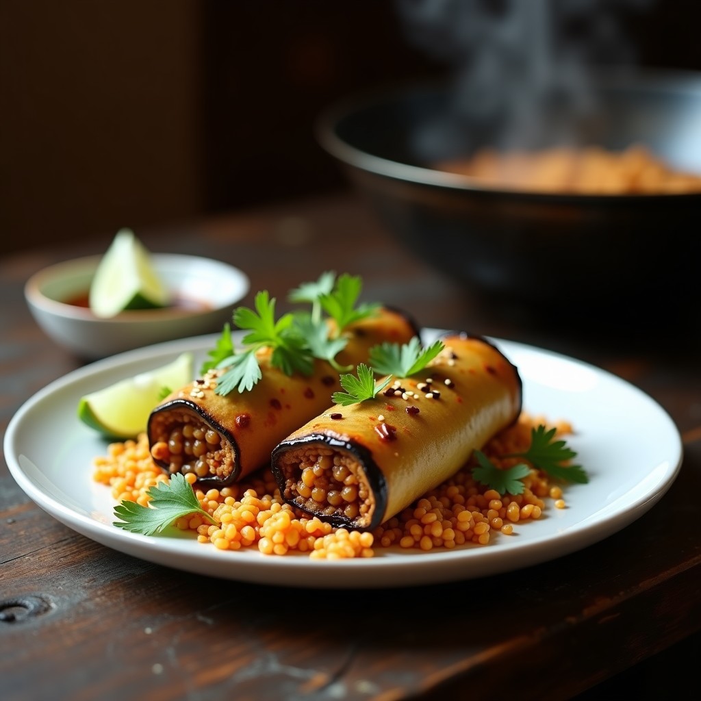 Plato blanco con rollos de berenjena rellenos de lentejas y arroz basmati, decorados con semillas de sésamo y cilantro fresco, servidos sobre una base de hojas de lechuga. Receta vegetariana en wok.