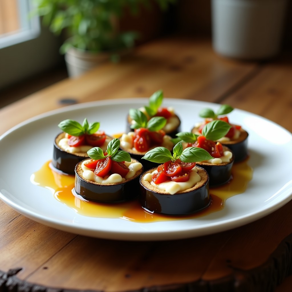 Plato blanco con seis rollos de berenjena asada rellenos de queso de cabra, decorados con miel de romero, piñones tostados y hojas de albahaca fresca. Entrante gourmet elegante y sofisticado.