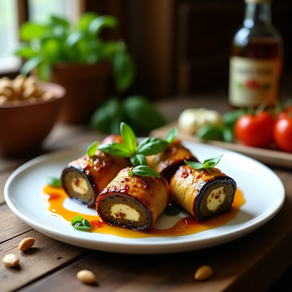 Rollos de berenjena asada en airfryer rellenos de queso de cabra y pesto de tomate seco, servidos en plato blanco con decoración de albahaca fresca y hilo de miel, receta italiana gourmet.