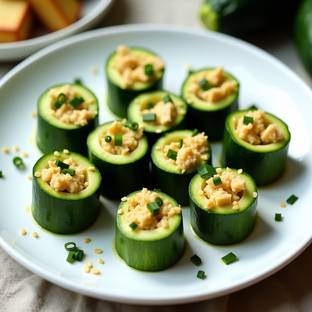 Plato blanco con rollos de calabacín verde rellenos de tofu desmenuzado y algas dulse, decorados con cubos de aguacate, semillas de sésamo y hojas de menta. Receta vegana sin cocción alta en proteína y omega-3.