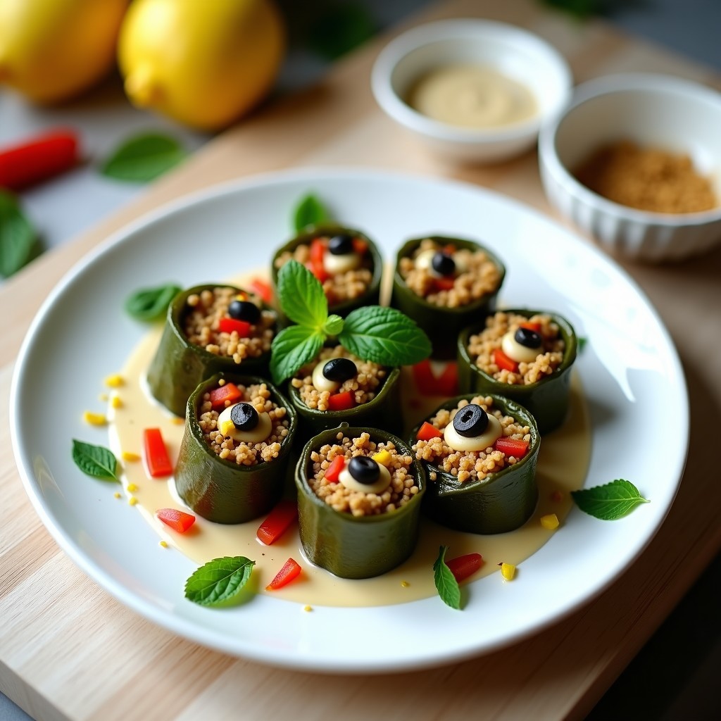 Plato blanco con rollos de hojas de parra rellenos de falafel deshidratado y tahini, decorados con hierbabuena fresca y salsa de tahini cremosa al lado. Receta libanesa vegana sin cocción.