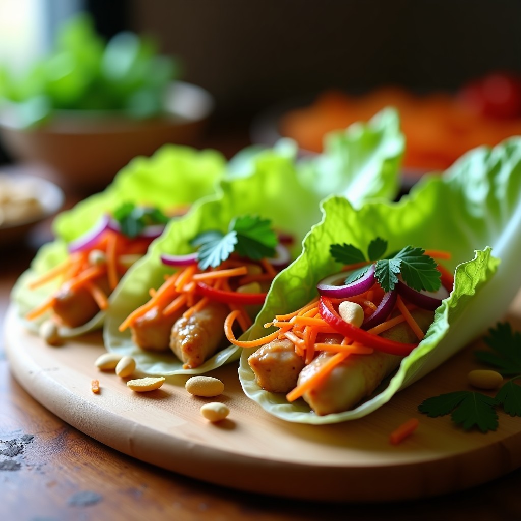 Rollos de lechuga romana rellenos de pollo al satay, zanahoria rallada, pepino y maní tostado, con salsa satay cremosa y hierbas frescas, servidos en plato de madera rústico. Receta vietnamita rápida y saludable.