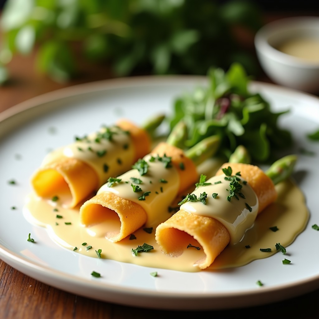 Rollos dorados de levitón (tofu sedoso) rellenos de espárragos blancos, servidos sobre un plato blanco con bechamel de anacardos cremosa y perejil fresco. Entrante francés vegano elegante y sofisticado.