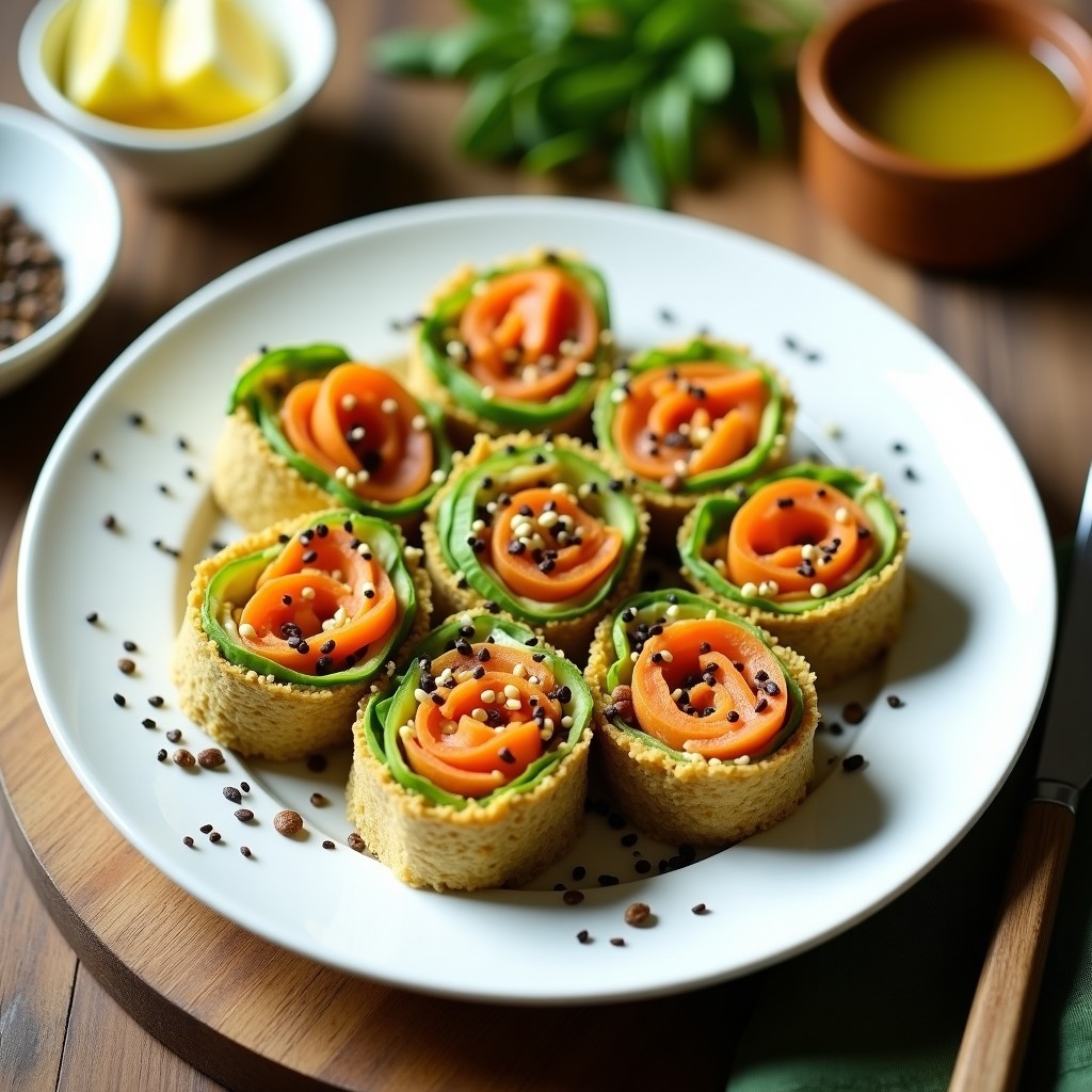 Rollos de lino dorado rellenos de aguacate cremoso, zanahoria rallada, pepino en juliana y germinados de lenteja, espolvoreados con semillas de sésamo negro. Aperitivo crudivegano alto en fibra servido en plato blanco con fondo rústico.