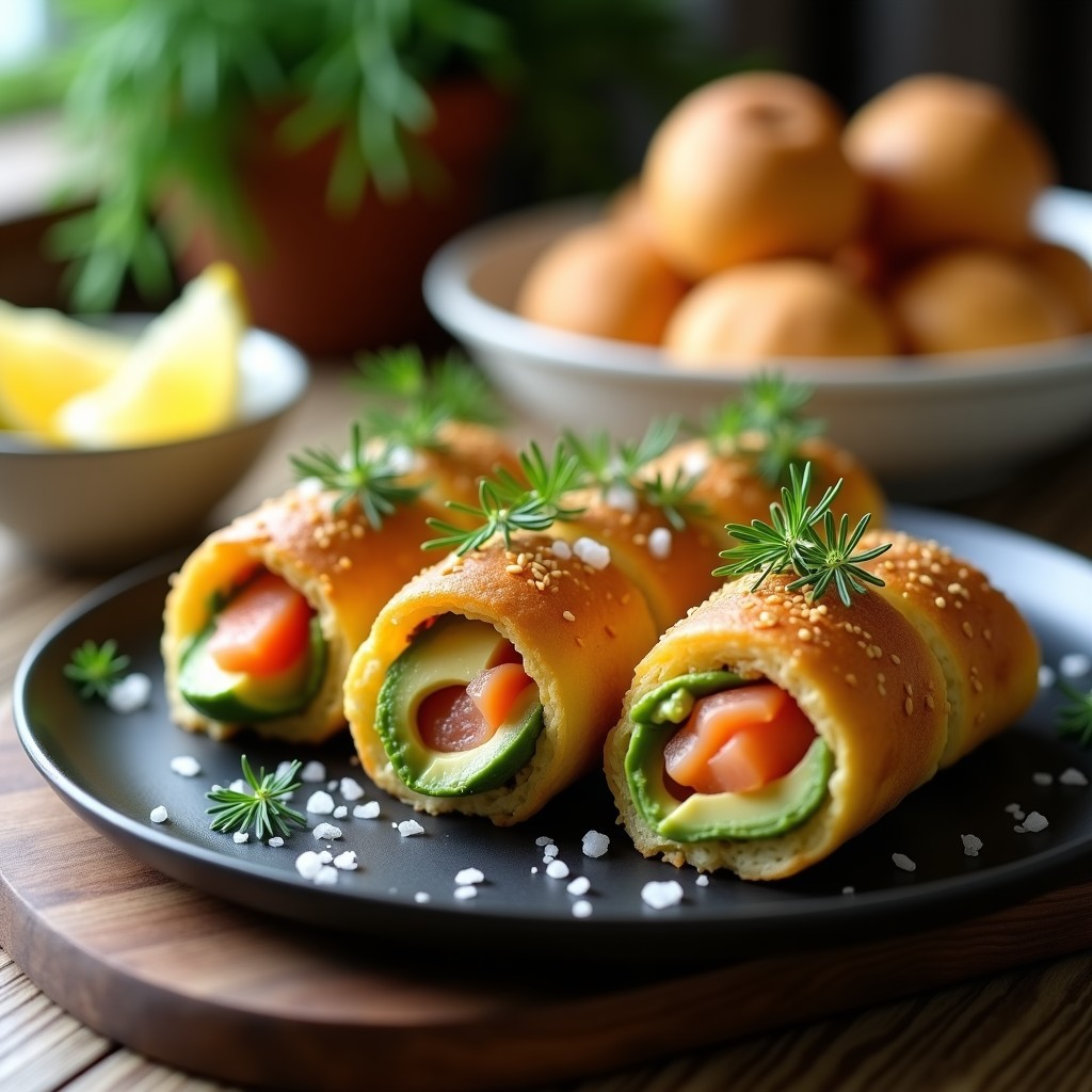 Rollos de lino dorado rellenos de aguacate cremoso y salmón ahumado, cortados en porciones sobre una tabla de madera oscura. Decorados con eneldo fresco y escamas de sal marina, con un fondo difuminado que resalta los colores verdes, rosados y dorados. Receta keto en 10 minutos.