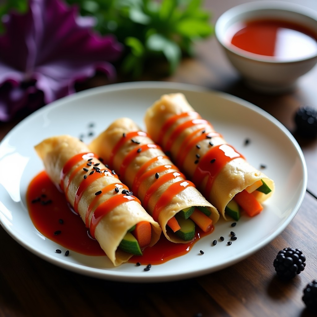 Rollos de primavera veganos crujientes con hojas de col morada rellenos de zarzamoras, tofu y verduras, servidos con salsa coreana de gochujang y semillas de sésamo negro.