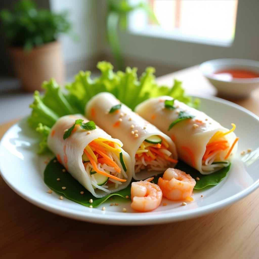 Rollos de primavera vietnamitas rellenos de langostino, mango y verduras frescas, servidos en un plato de bambú con salsa sriracha al lado. Textura crujiente y colores vibrantes.