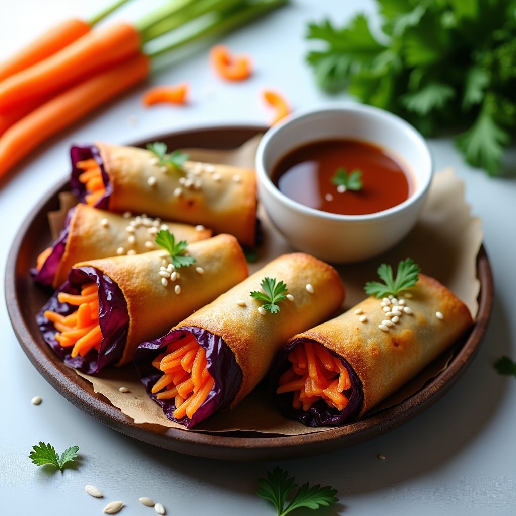 Rollos de Primavera de Repollo Morado y Zanahoria: Receta Vegana Crujiente con Salsa de Tamari