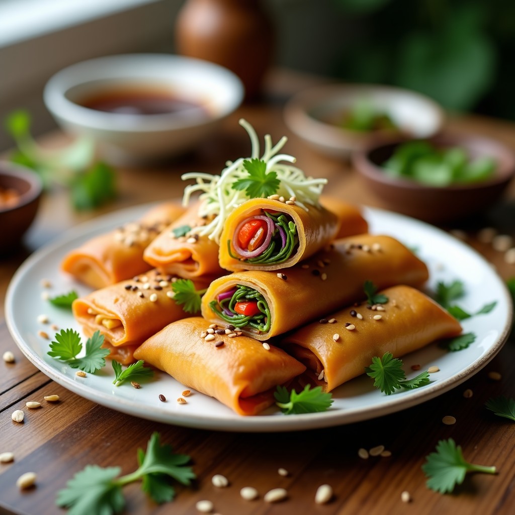 Rollos de primavera dorados y crujientes rellenos de tofu marinado y germinados, servidos en un plato blanco con salsa de tamari y semillas de sésamo espolvoreadas, receta vegana en airfryer.