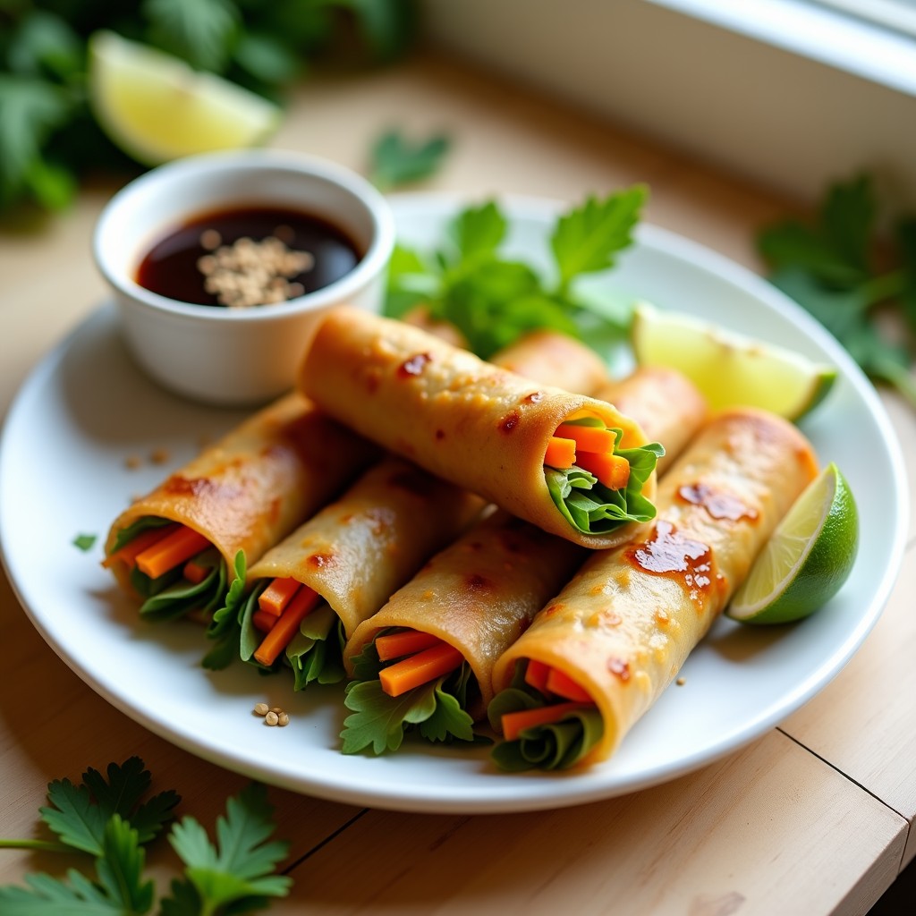 Rollos de primavera veganos al horno con papaya verde, dorados y crujientes, servidos en una fuente de madera con salsa de cacahuete y semillas de sésamo. Receta vietnamita saludable y sin aceite.