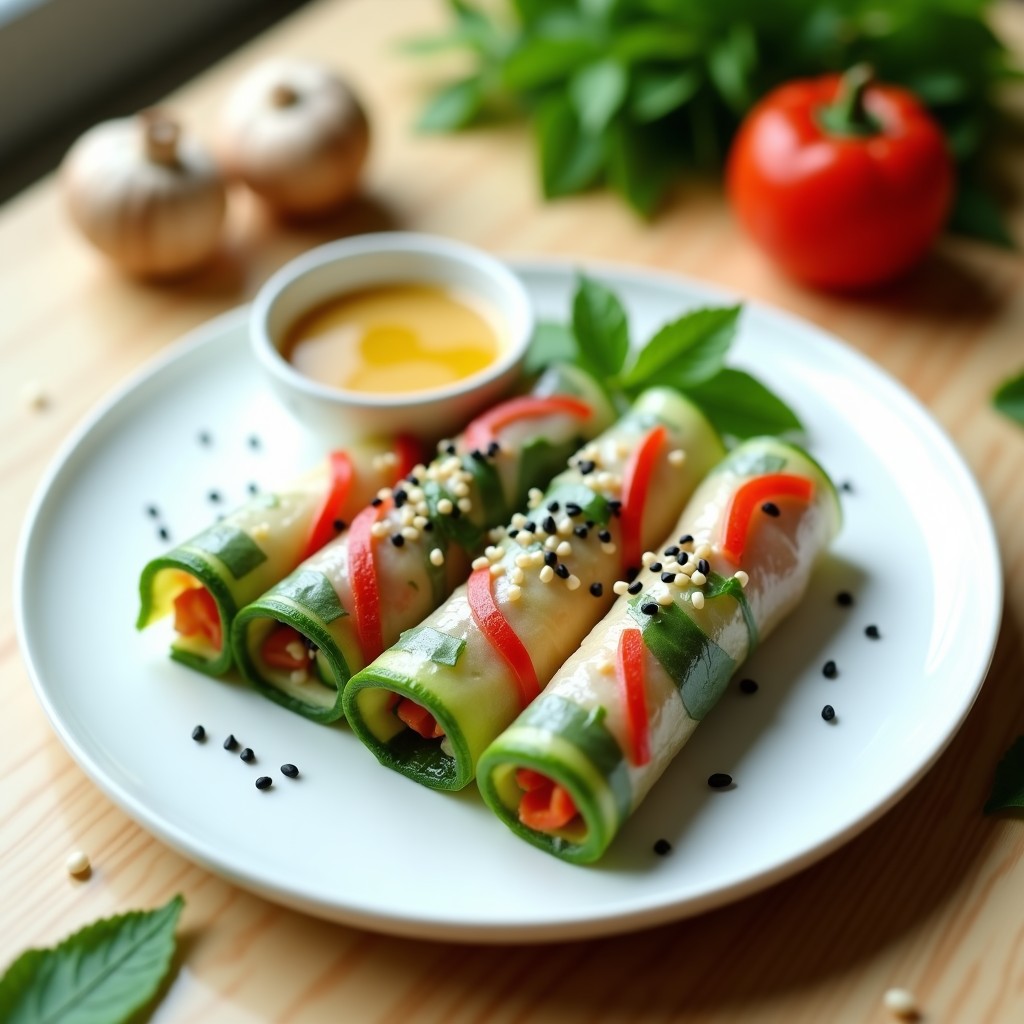 Plato blanco con rollos de primavera veganos cortados por la mitad, rellenos de zucchini en juliana, hongos shitake, zanahoria y aguacate, acompañados de salsa cremosa de tahini y semillas de sésamo negro. Receta china crudivegana.