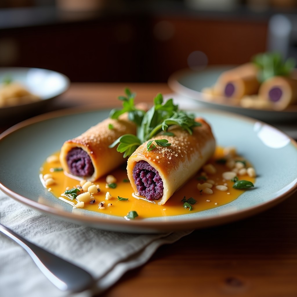 Plato blanco con rollos de repollo morado rellenos de quinoa y pasas, dispuestos en círculo y decorados con semillas de sésamo y perejil fresco, con un fondo de salsa de tomate ligera, receta armena en olla express.