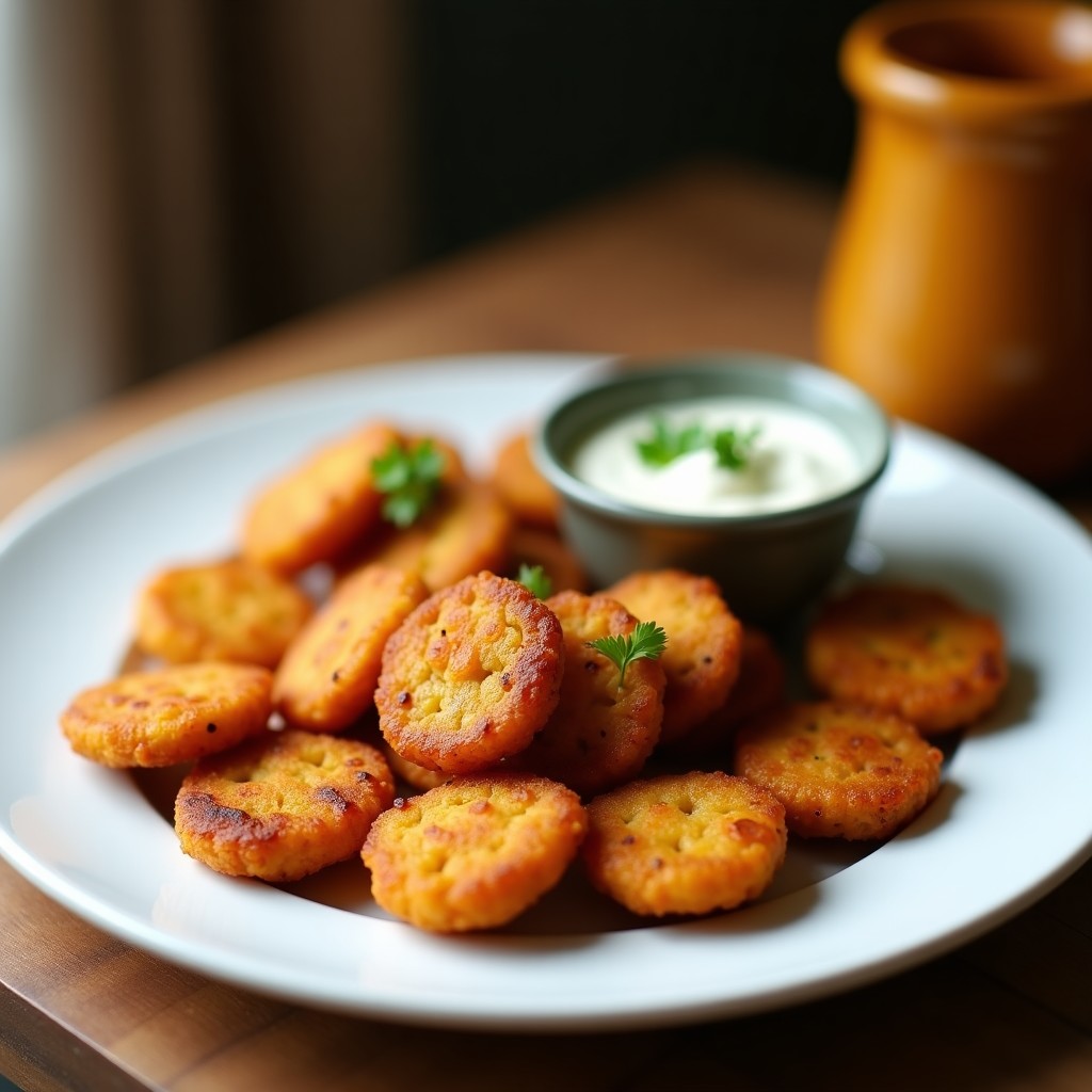 Rosquillas doradas y crujientes de harina de garbanzo con semillas de sésamo, espolvoreadas con hierbabuena fresca, servidas en un plato de barro sobre fondo rústico, receta de snack sin gluten en airfryer.