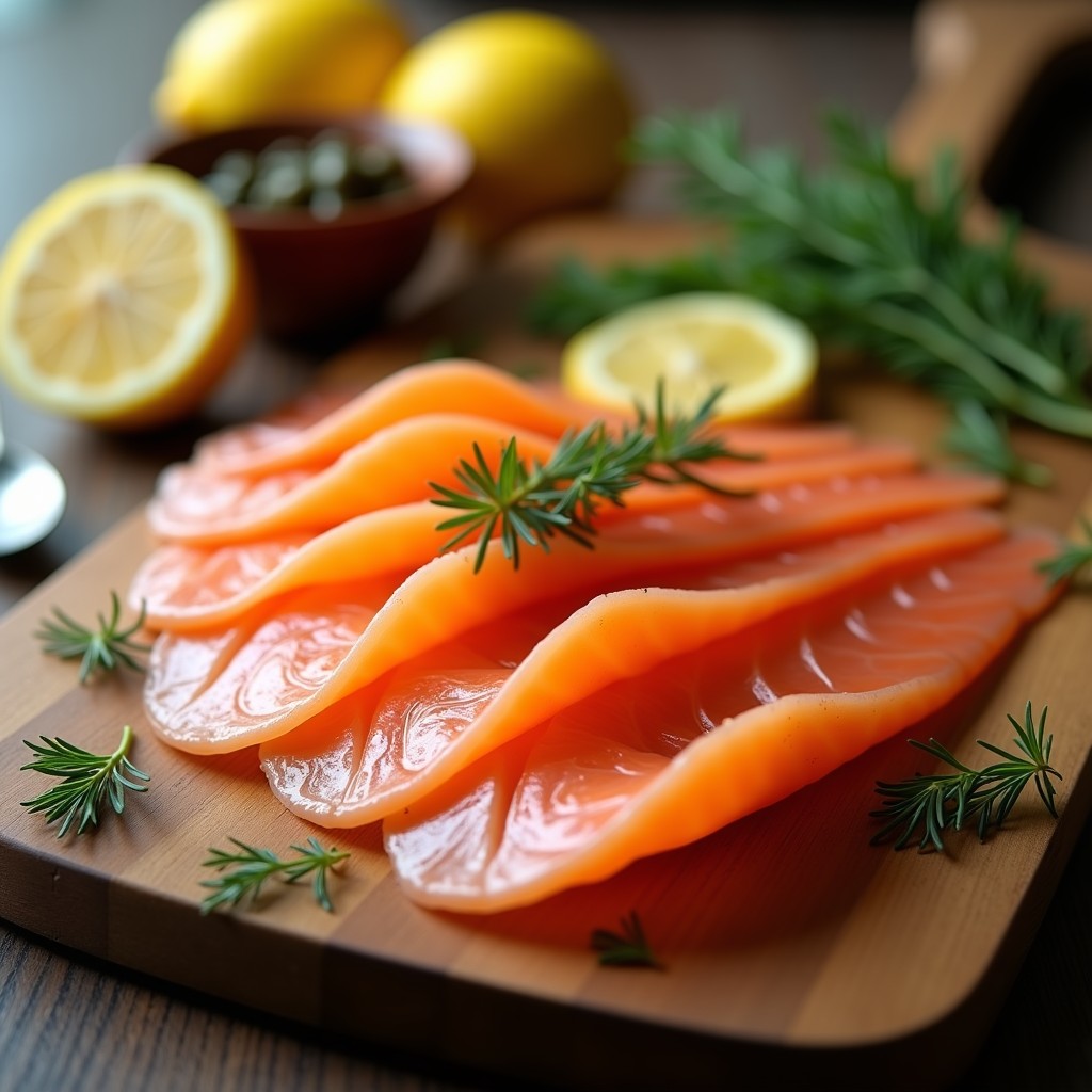 Filetes de salmón ahumado casero en horno, cortados en láminas finas sobre una tabla de madera con eneldo fresco y rodajas de limón, receta fácil y profesional.