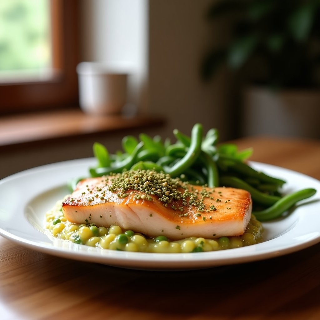 Salmón al Horno con Costra de Pistacho y Miel sobre Lecho de Espárragos Verdes: Receta Fácil, Elegante y Saludable en 25 Minutos