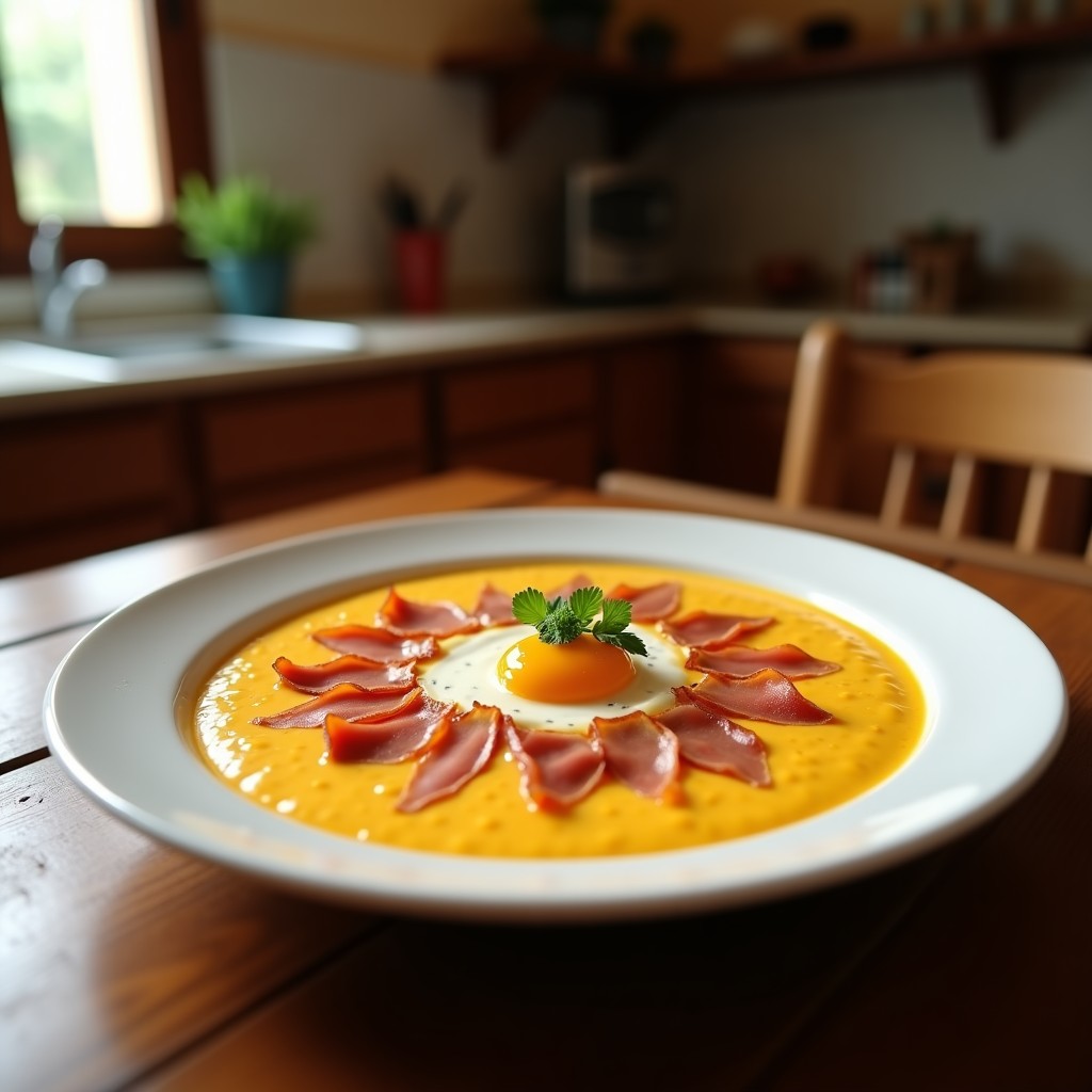 Salmorejo cordobés cremoso con huevo picado y jamón crujiente en un plato de cerámica, lista para ser servida