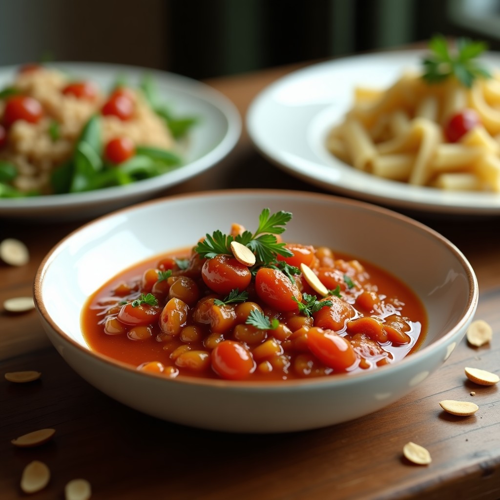 Tazón de cerámica blanca con salsa de agape y tomate seco vegana, de color marrón rojizo, decorada con almendras fileteadas y perejil fresco. Al fondo, pasta integral y ensalada de quinoa con esta salsa griega.