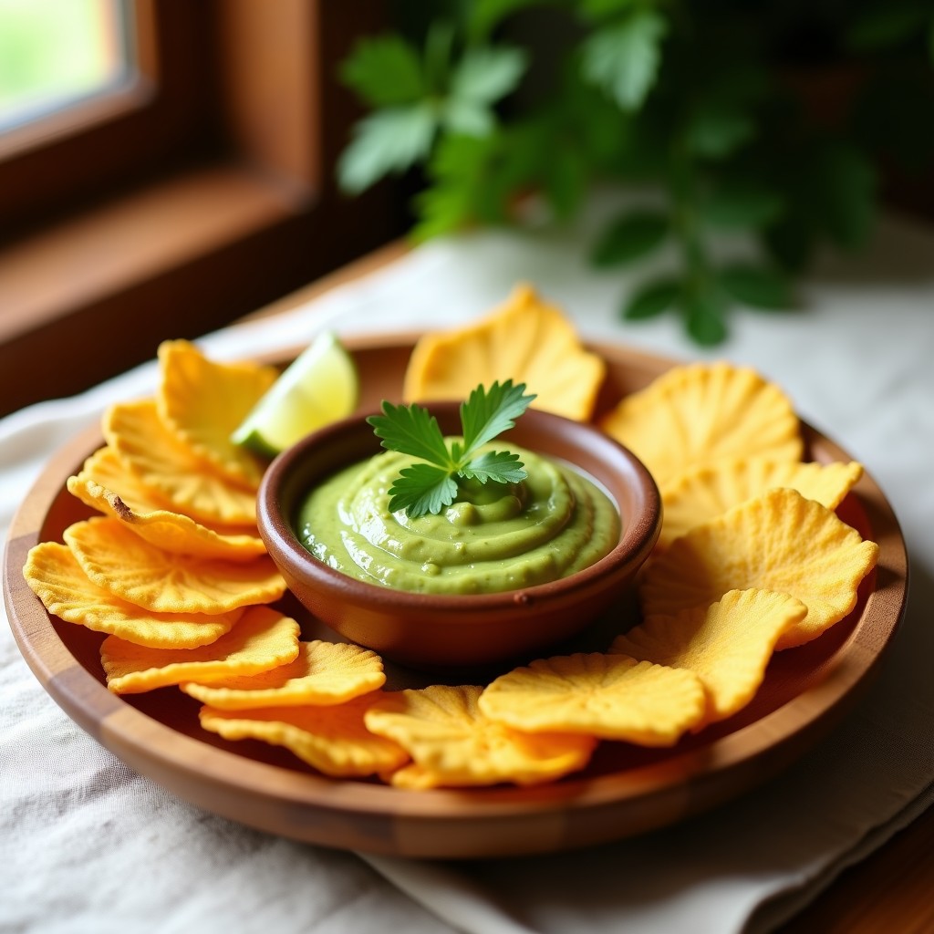 Plato de madera rústico con salsa de aguacate y cilantro cremosa en el centro, rodeada de chips de yuca dorados y crujientes. Decorado con hojas de cilantro fresco y rodajas de limón verde, con un fondo de textura caribeña.